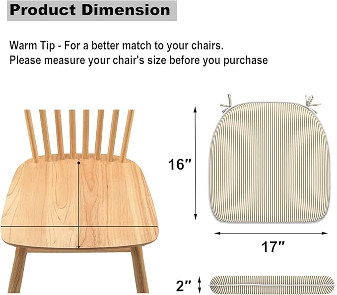 DYTXIII Set of 2 Outdoor Chair Cushions with Ties,Water Repellent Patio Chair Pads 17"x 16" for Outdoor Furniture,Round Corner Seat Cushions for Garden Yard Kitchen Stripe Beige