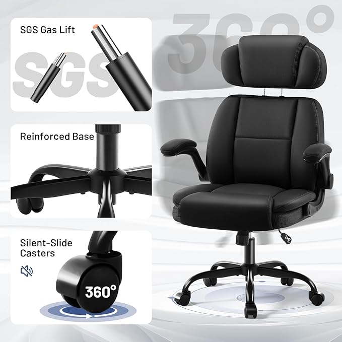 AreShark Ergonomic Office Chair with Lumbar Support, 400lbs Heavy Duty Big and Tall Executive Desk Chair, PU Leather High Back Computer Chair with Flip-Up Arms & Adjustable Headrest, Black