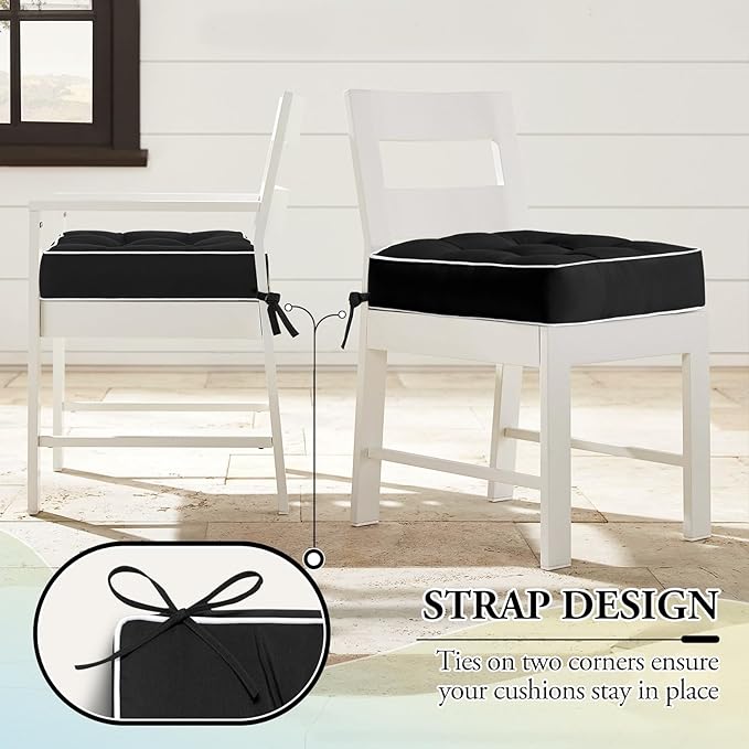 Wellsin Outdoor Chair Cushions Set of 2, Patio Cushions for Outdoor Furniture, Tufted Waterproof Outdoor Chair Pads, 19" x 19", Black