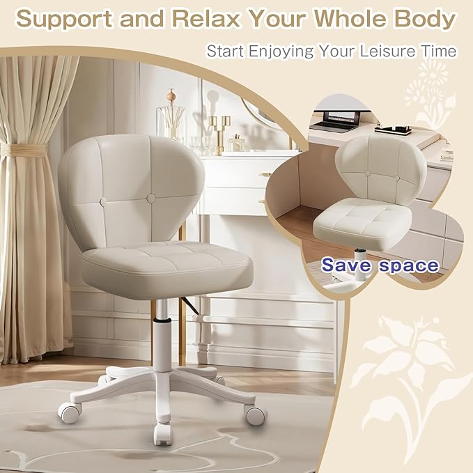 Vanity Chair with Back – Small Armless Office Chair with Wheels, Lumbar Support, PU Leather, Adjustable Height, 360° Swivel for Home, Bedroom, Office (White Set of 1)