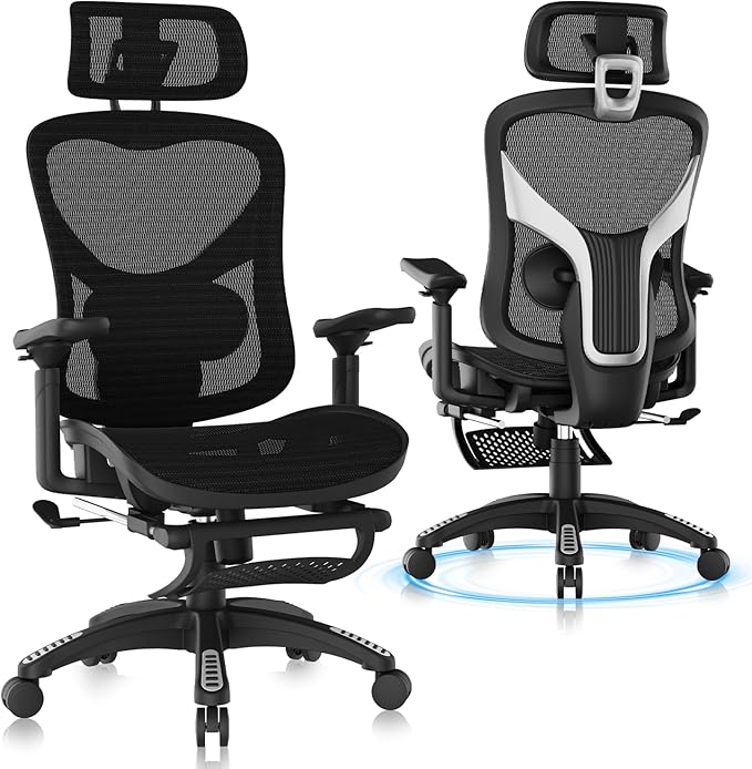 Ergonomic Home Mesh Chair with Footrest, Lumbar Height Adjustment & 215° Rotate Armrests, Recline Lock 90°–120°, High-Back Big and Tall Computer Chair, Heavy-Duty Office Chair, Black