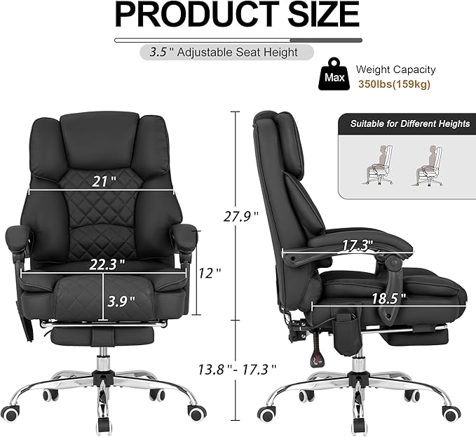 Kneading Massage Office Chair with Heated,90-135° Reclining Executive Office Chair with Footrest,Computer Desk Chair with Wheels,Diamond-Stitched Cushion Leather Office Chair (Black)