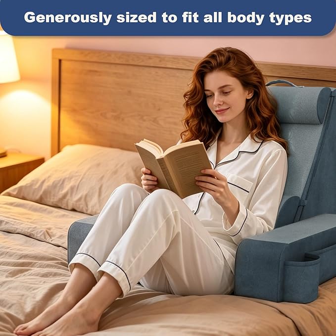 Reading Pillow, Back Pillow for Bed with Adjustable Headrest & Independent Lumbar Support, Detachable Armrest Sit Up Pillow for Bed, Dual Side Storage Pockets for Reading Gaming Nursing Sofa and Dorm