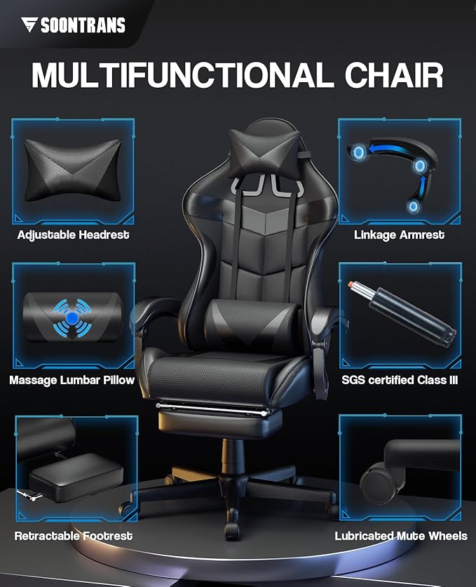 Soontrans Black Gaming Chairs with Footrest, Ergonomic Gamer Chair, Home Office Chair,PC Computer Chair with Headrest and Lumbar Support(Dark Black)