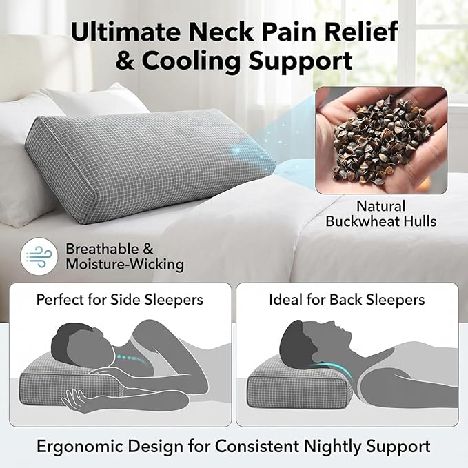 Adjustable Buckwheat Hull Pillow for Neck Pain Relief (21x8x4) Natural Cooling Cervical Support Camping Pillow for Side & Back Sleepers with Night Sweats (xiaoge Grey)