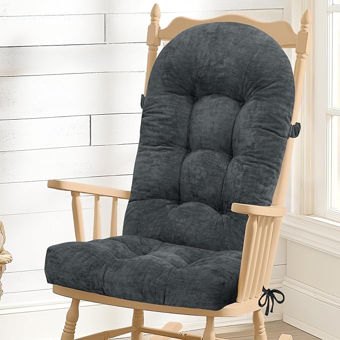 Rocking Chair Cushion - Chenille Fabric, High-Density Sponge, Durable Comfort Double-Sided Tufted Seat Pads with Ties, Chenille︱Gray, 44x19x4 inch