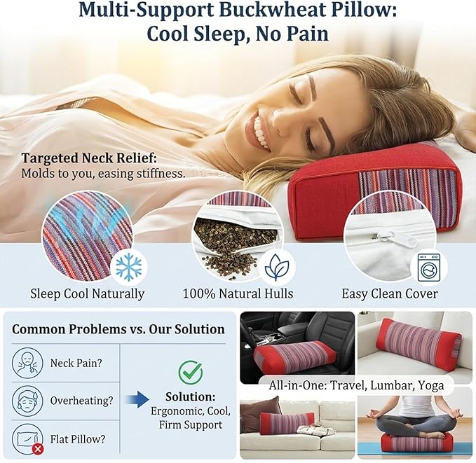 Adjustable Organic Buckwheat Pillow for Neck Pain Relief - Natural Cooling Cervical Support Bed Pillow for Side & Back Sleepers with Night Sweats (21x8x4 Red)