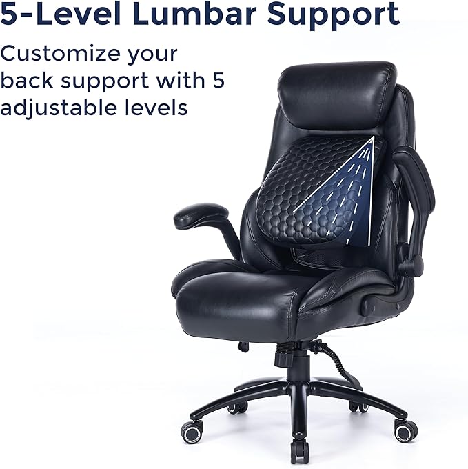 Q-Seat Office Chair with 5-Level Lumbar Adjustment | Recline & Relax Function | Heavy Duty Ergonomic Desk High Back Executive Chair | Flip-up Armrest | Adjustable Headrest | Leather Black
