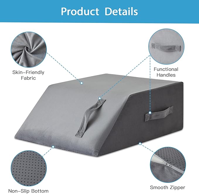 MEGCXIT Leg Pillow Elevation Blood Circulation, Leg Wedge for Elevation for Swelling, Leg Elevating Pillow for After Surgery, Memory Foam Foot Knee Pillow for Back Sleeping 24×22×8 Inch Grey Plush