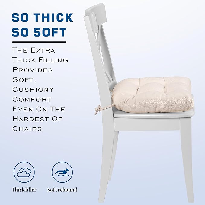 SQUARE MOON D-Shaped 3" Thick Chair Cushions, Chair Pads for Dining Chairs and Kitchen Chairs, Indoor Dining Room Seat Cushions with Ties, Machine Washable, 17" x 16" x 3", 4/Pack, Ivory