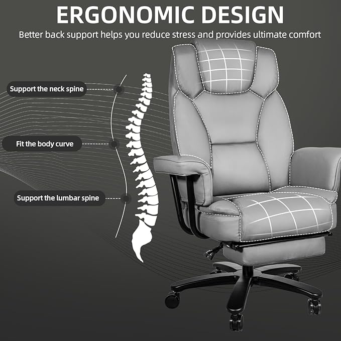 Reclining Office Chair with Footrest, Big and Tall Home Office Desk Chairs 400lbs with High Back, Criss Cross Wide Seat, Heavy Duty Base, Pu Leather, Grey