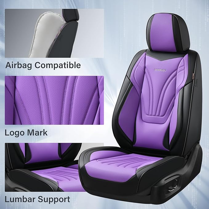Coverado Car Seat Covers Front Seats, 2 Piece Car Seat Protector with Lumbar Support & Removable Headrest, Breathable Leather Seat Cushion Universal Fit for Truck Automotive Vehicles Purple