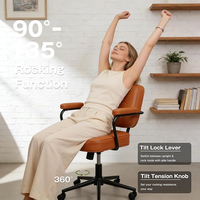 Ergonomic Office Chair, PU Leather Executive Desk Chair with Fixed Armrests, Adjustable Height, Rocking Function, 360° Swivel Rolling Wheels （Brown）