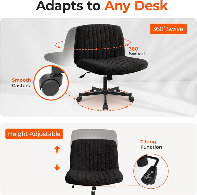Orange Factory Criss Cross Chair Wheels Vanity Chair Office Desk Comfy Wide Cross Legged Armless Teddy Fabric Adjustable Swivel for Home Computer Task (Black, Teddy Fleece)