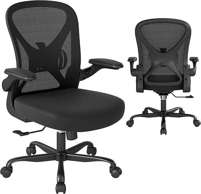 Ergonomic Mesh Office Chair, Computer Chair with Flip-Up Armrests, Adjustable Lumbar Support, Height Adjustable, Smooth Casters, and 360° Swivel, 2PC, Black