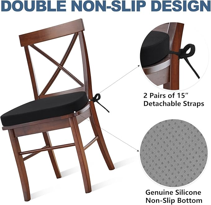 Shinnwa Chair Cushion for Dining Chair, Non-Slip Kitchen Chair Cushion with Detachable Straps and Machine Washable Cover, 17x16x2in, Black
