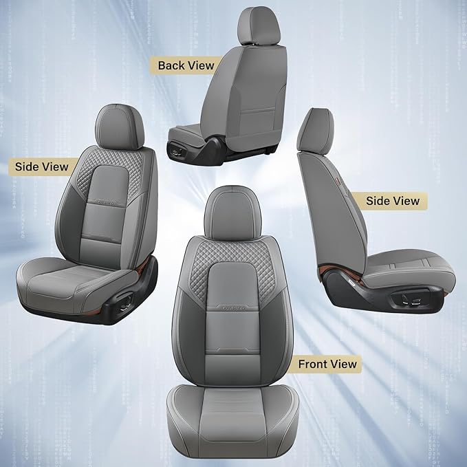 Coverado Car Seat Covers Full Set, 5 Piece Car Seat Protector with Removable Headrest, Nappa Leather Breathable Front Back Rear Seat Cushion Universal Fit for Truck Automotive Most of Cars Gray