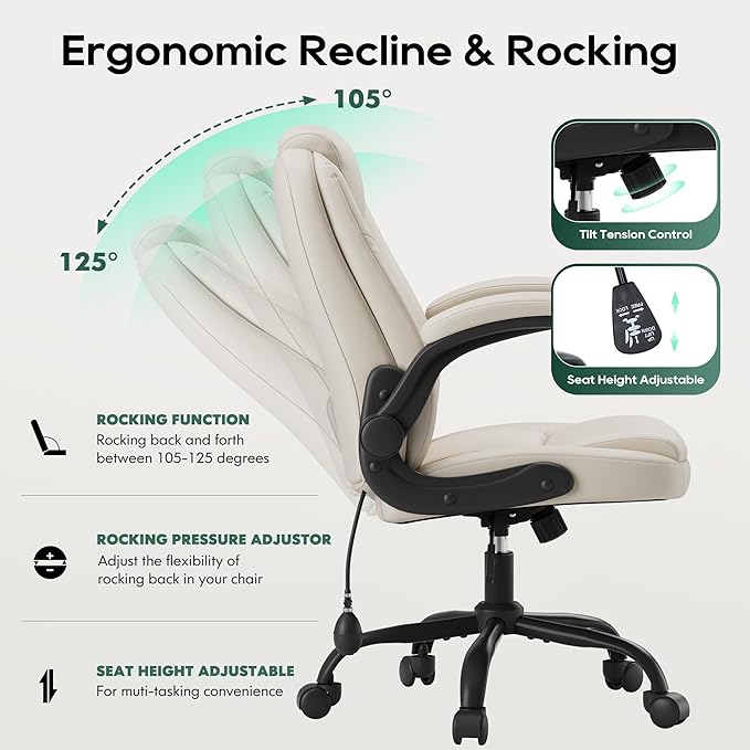MALOL Leather Office Chair, Home Desk Chair with Adjustable Lumbar Support, Thick Cushion, Flip-Up Arms and Ergonomic Back, Comfy Executive Office Chair for Home Office,Beige