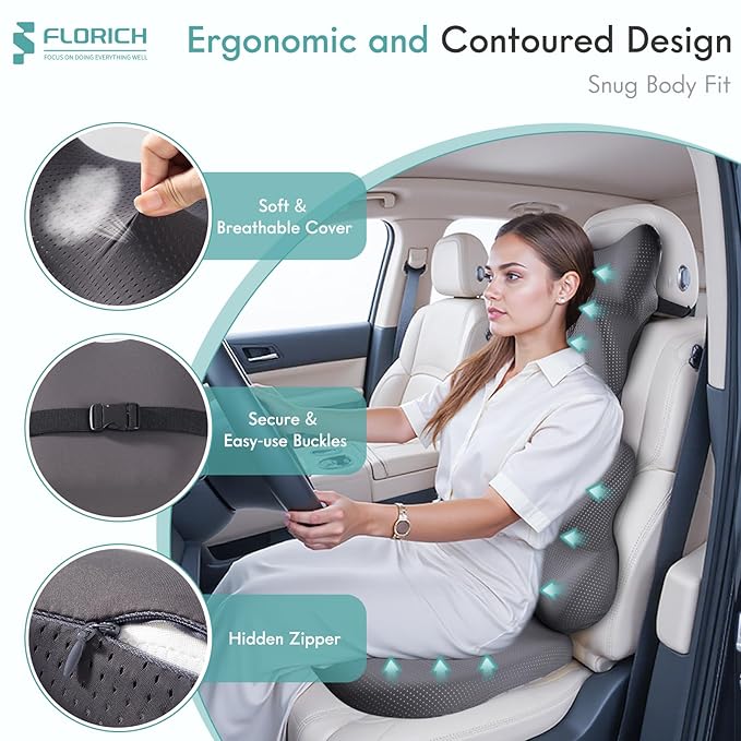 FLORICH Car Seat Cushion and Lumbar Support Pillow for Office Chair Car, Neck Headrest Pillow, Ergonomic Memory Foam, Pressure-Relieving Back Support for Car, Office Chair & Wheelchair – Gray