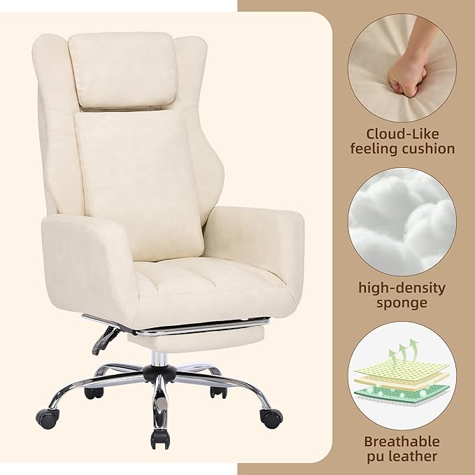 DYHOME Criss Cross Office Chair with Footrest, Executive Office Chair Ergonomic Flip-Up Armrest Wide Seat, Adjustable Reclining Computer Desk Chairs for Working, Gaming, Relaxing, PU Leather Beige