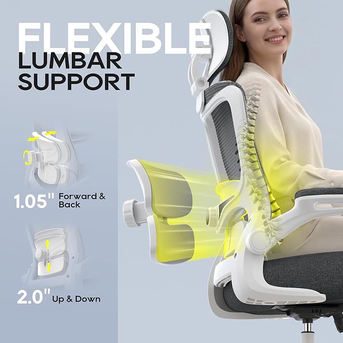 Office Chair, Ergonomic Mesh Desk Chair with Adjustable Lumbar Support and Headrest, Flip-up Armrests, High Back Computer Task Chair for Home and Executive Office (W-Dark Grey)
