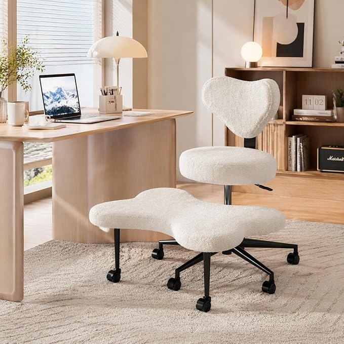 Pinmoco White Teddy Cross Leg Chair – Plush Cozy Meditation Chair, Home Office Desk Seat with Wheels, Modern Scandinavian Style, Comfortable & Soft for Adults