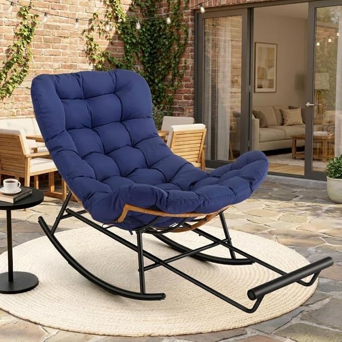 Jojoka Oversized Papasan Rocking Chair with Integrated Detachable Foot Rest, Thick Removable Cushion, PE Rattan Metal Frame Lounge Chair for Indoor Outdoor Patio, Garden, Porch, Living Room