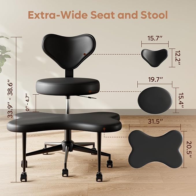 Pinmoco Ergonomic Cross Legged Chair, 360° Swivel Meditation Chair with Wheels, Height Adjustable Seat for ADHD, Strong Lumbar Support, Chic Home Office Furniture, PU Leather, Black