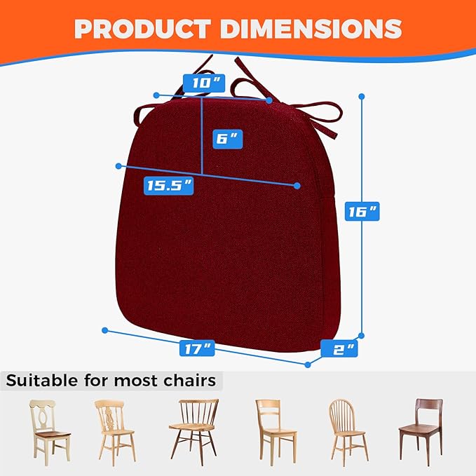 Sunsleek Chair Cushions for Dining Chairs, D-Shaped Seat Cushions with Removable Washable Cover and Ties, Chair Pads for Kitchen, Indoor Dining Room, Patio Chairs, 17'' x 16'', Set of 6, Red