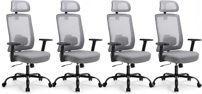 Ergonomic Office Chair, Office Desk Chair with High Back Mesh and Adjustable Lumbar Support, Rolling Work Chairs with Wheels and Adjustable Headrests, Wide Cushion, Set of 4, Grey