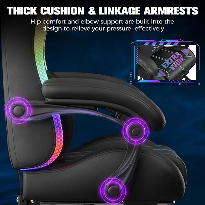 GTPLAYER Gaming Chair with Speakers, Computer Chair with RGB LED Lights, High Back Ergonomic Chair for Adults with Footrest, Reclining Office Chairs, Linkage Armrest, Black Blue
