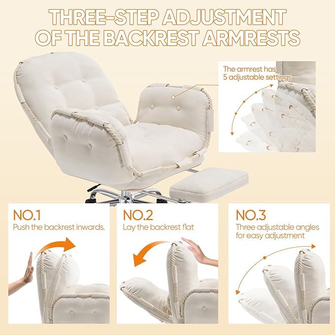 Criss Cross Office Chair with Foot Rest Flip Armrests for Pets and Comfortable Cross Legged Office Chairs for Women Reclining Office Chair Desk Chair Comfy Vanity Chair with Back and Wheels Beige