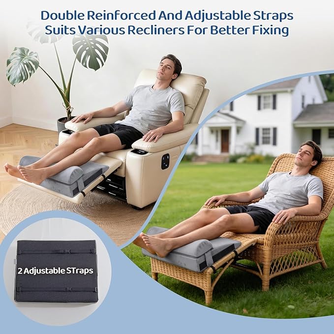 Recliner Foot Rest Cushion - Recilner Leg Rest Cushion with Removable Semi-Cylinder for Superior Support, Adjustable Recliner Foot Rest Extender, Recilner Leg Pillow with 2 Straps, Grey