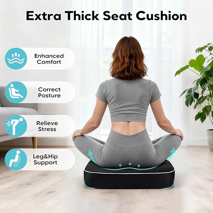 Thick Chair Cushions, Office Booster Seat Cushion to Tailbone Pain Relief, Non Slip Memory Thick Foam Cushion with Carry Handle 6"-Black