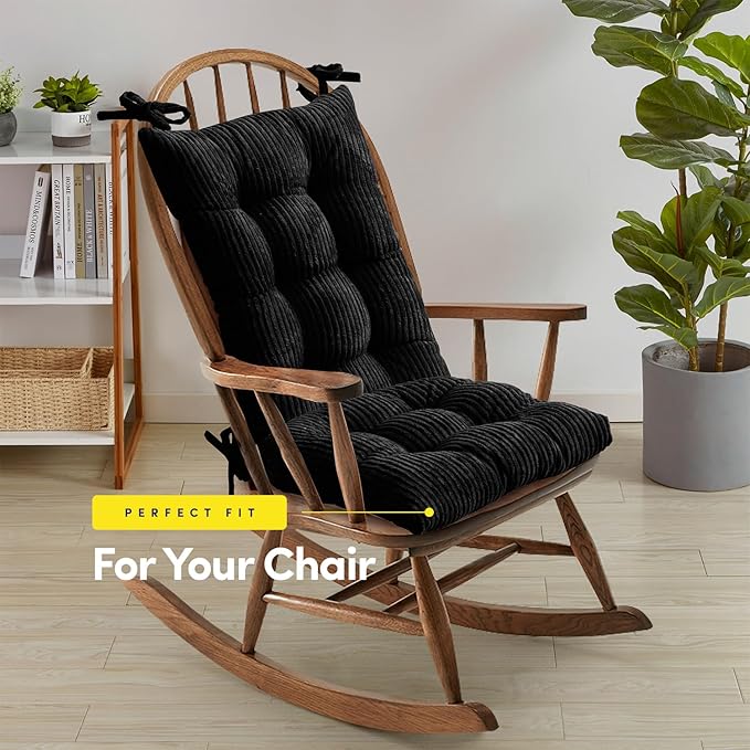 Rocking Chair Cushion Premium Tufted Pads Non Skid Slip Backed Crushed Velvet Cover Set of Upper and Lower with Ties, 21 in x 17 in | 17 in x 17 in, Velvet Black