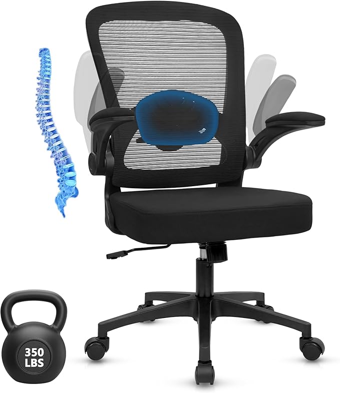 KLASIKA Desk Chairs with Wheels, Ergonomic Mesh Back Home Office Chair Adjustable Lumbar Support and Height Swivel Rolling Computer Task Chairs with Flip Up Armrests for Conference Meeting Room, Black