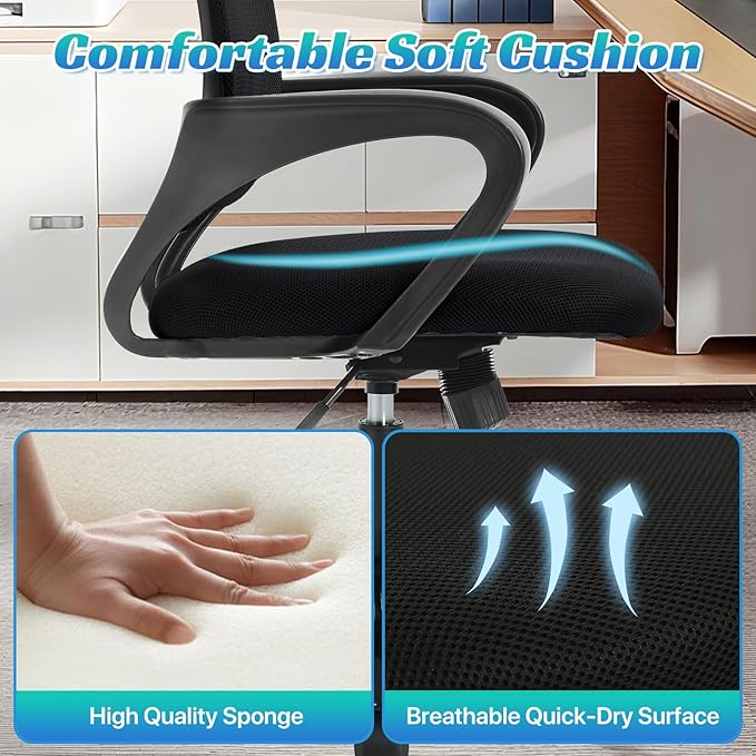 Ergonomic Office Chair Mesh Mid Back with Lumbar Support Armrest, Adjustable Home Desk Chair Comfy Computer Task Drafting Rolling Swivel Chairs for Gaming, Home Work, Study, Black