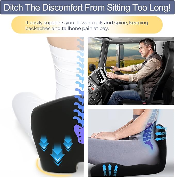 Ergonomic Seat Cushion with Adjustable Strap, Memory Foam Office Chair Seat Cushion with L-Shaped Design, Car Seat Cushion Fits for Truck Driver Semi Truck, Gaming Chair, Desk, Black