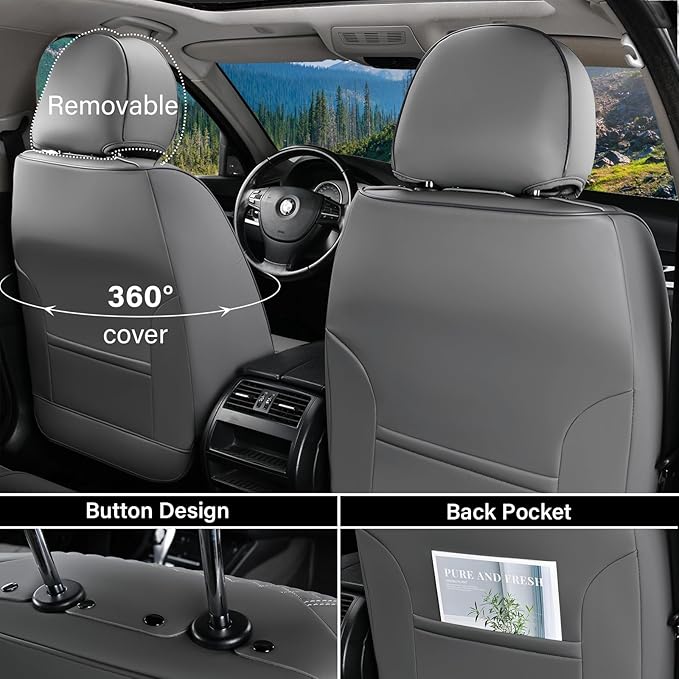 Coverado Car Seat Covers Front Seats, 2 Piece Car Seat Protector with Removable Headrest, Nappa Leather Breathable Front Seat Cushion Side All Wrapped Universal Fit Truck Automotive Most Cars Gray