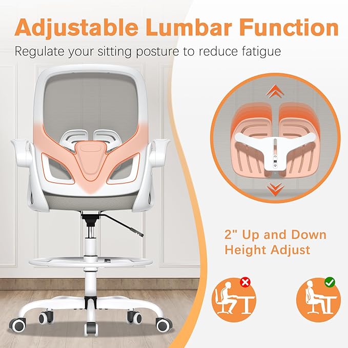 ORRSAKER Drafting Chair Tall Office Chair for Standing Desk, Breathable Mesh Ergonomic Computer Desk Chair with Flip-Up Armrests, Adjustable Lumbar Support and Footrest Ring,300 LBS，Gray