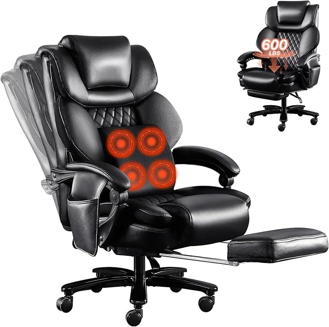 3D Kneading Massage Executive Office Chair for Big and Tall Users – Extra-Wide Ergonomic Seat with Lumbar Support, Reclining Desk Chair with Footrest, 500LBS Capacity for Home and Office