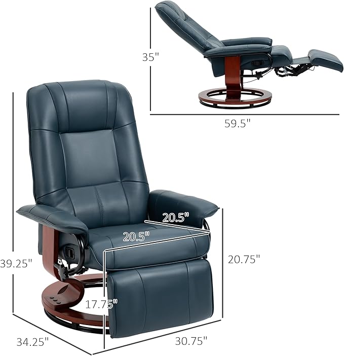 HOMCOM Swivel Recliner Chair, PU Leather Reclining Armchair with Retractable Footrest, Lounge Chair with Wood Base and Adjustable High Back for Small Spaces, Living Room, RV, Bedroom, Blue