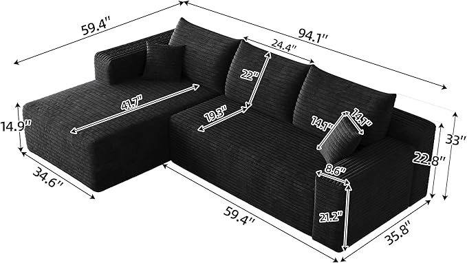 94" Black Boneless Couch with Left Facing Chaise for Living Room,Corduroy L-Shaped Sectional Couches,Compressed Memory Foam Cloud Sofa,No Assembly Required,Black