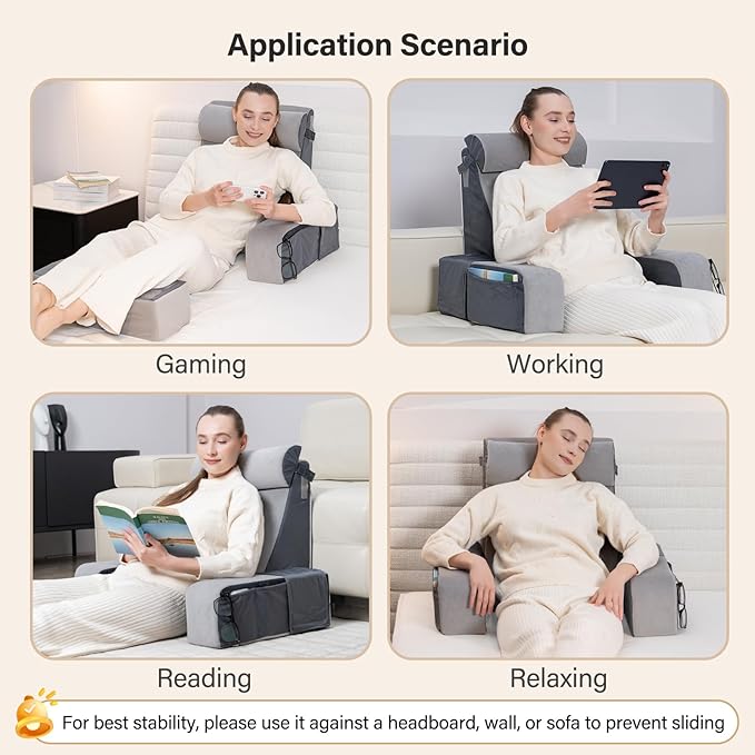 Vekkia 21" Reading Pillow for Sitting in Bed – 60° Ergonomic Wedge Back Pillow, XL Side Pockets, Removable Cover, Support Chair for TV, Gaming, Working, Nursing, Recovery in Bed/Floor,Lightweight
