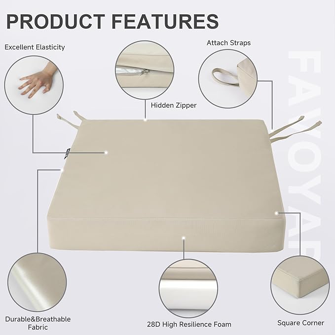 Favoyard Patio Chair Cushions 19 x 19 x 3 Inch Waterproof Outdoor Seat Cushions for Patio Furniture 3-Year Color Fastness Garden Sofa Couch Chair Pads with Handle & Adjustable Straps Set of 2, Beige