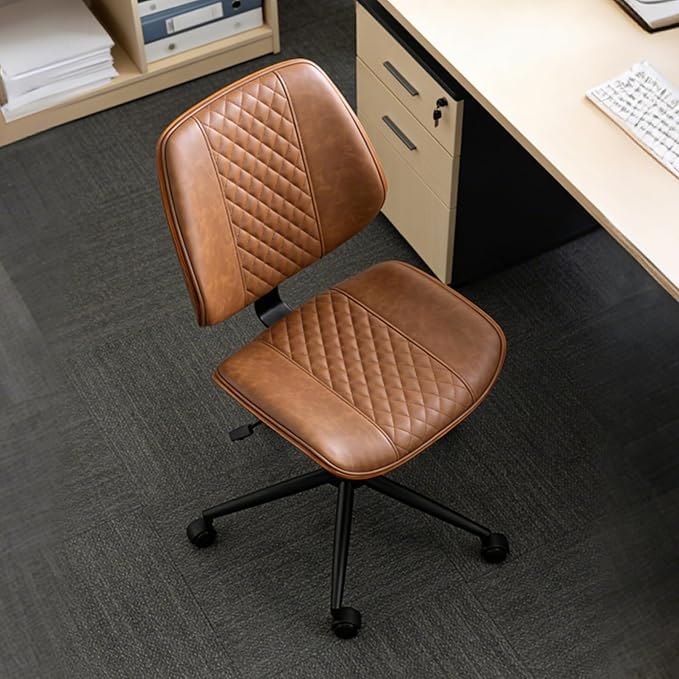 DYHOME Modern Walnut Home Office Chair with Wheels, Executive Office Desk Chair No Arms, Adjustable Height Small Desk Chair, Comfy PU, Deeper Cushion, Mid Back 360 Swivel Computer Chair, Brown