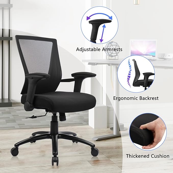 CLATINA Big and Tall Office Chair Heavy Duty Ergonomic Desk Chair 500lbs with Flip-up Arms & Wide Thick Seat Cushion Home Executive Swivel Mesh Chair for Study, Conference, Black, 4 PK