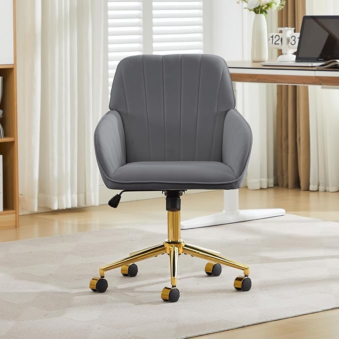 Velvet Home Office Desk Chair, Modern Cute Computer Task Chair with Back, Height Adjustable Upholstered Vanity Chair with Swivel Wheels for Women, Girls (Gold Base, Gray