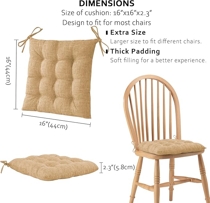 ELFJOY 4 Pack Chair Cushions for Dining Chairs Chair Pads Cushion for Kitchen Office Tufted Textured Square Seat Cushion with Ties (16" Khaki)