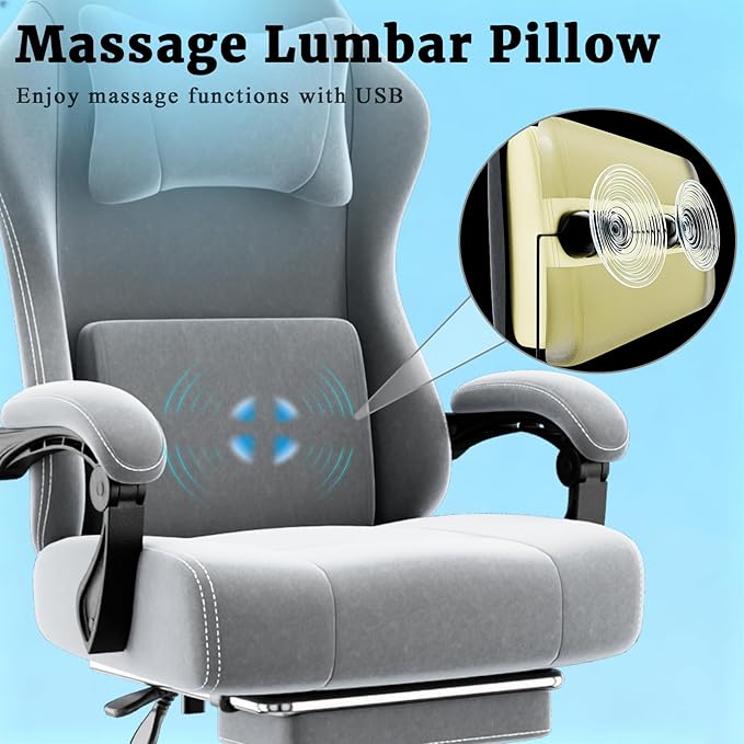 Massage Gaming Chair, Ergonomic Video Game Chair with Lumbar Support and Footrest, Height Adjustable Fabric Computer Chair with Pocket Spring Cushion (Gray)